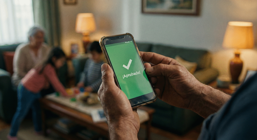 Primer plano de manos trabajadoras sosteniendo un smartphone que muestra una pantalla verde de "¡Aprobado!", con una familia desenfocada al fondo en una sala de estar.