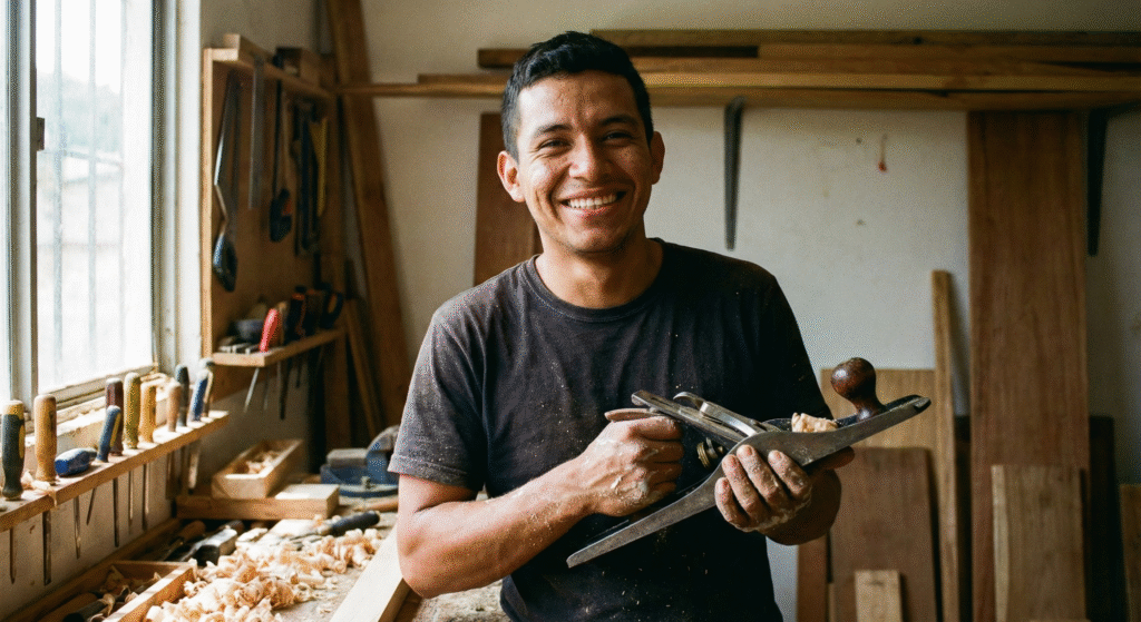 Retrato de un joven carpintero emprendedor en Colombia sonriendo mientras sostiene un cepillo de madera en su taller lleno de virutas.